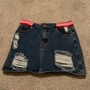 Denim skirt with red stretchy waistband